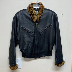 FIRENZE Women's Leather Jacket W/ Leopard Print Fuzz Medium Black